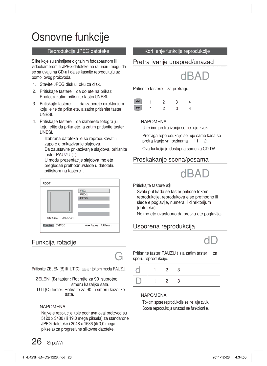 Samsung HT-D423H/EN manual Funkcija rotacije, Pretraživanje unapred/unazad, Preskakanje scena/pesama, Usporena reprodukcija 