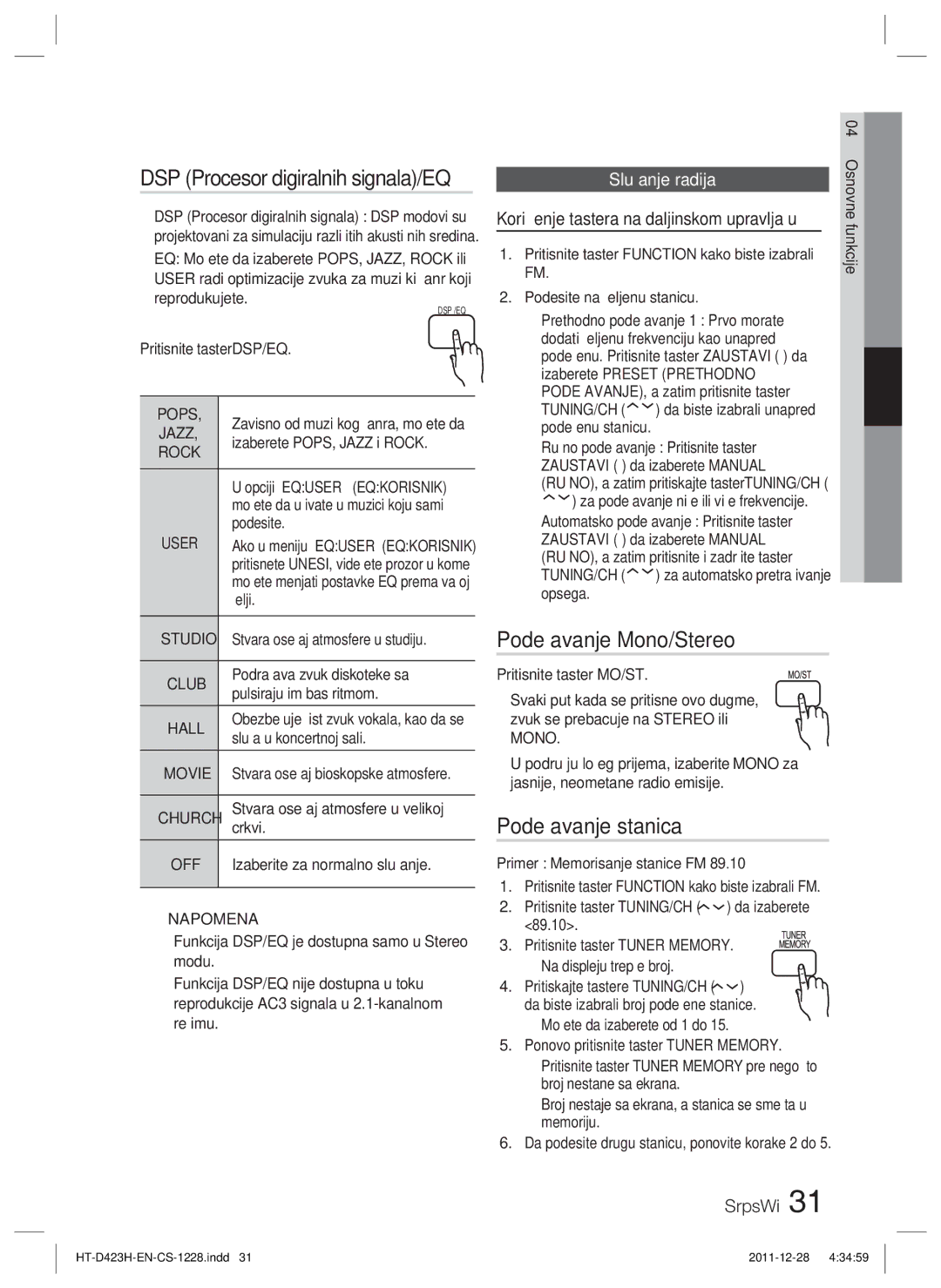 Samsung HT-D423H/EN manual Podešavanje Mono/Stereo, Podešavanje stanica, Slušanje radija 