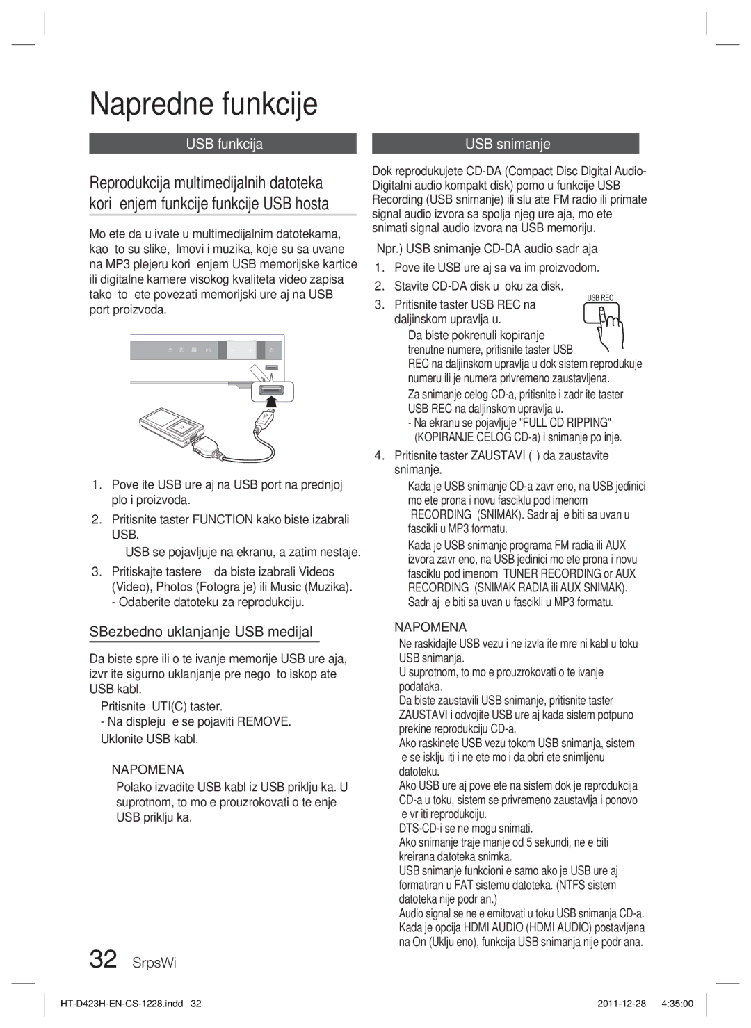 Samsung HT-D423H/EN manual Napredne funkcije, USB funkcija, SBezbedno uklanjanje USB medijal, USB snimanje 