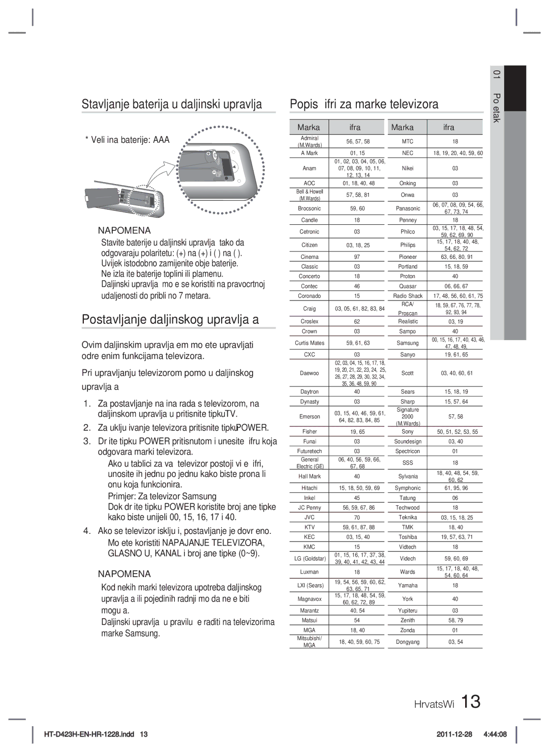 Samsung HT-D423H/EN Popis šifri za marke televizora, Postavljanje daljinskog upravljača, Primjer Za televizor Samsung 