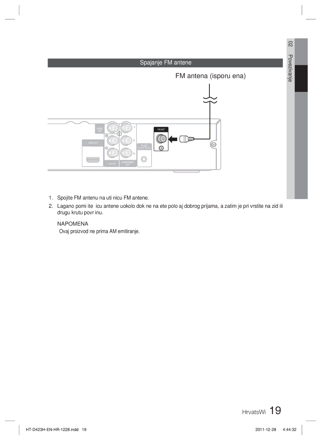 Samsung HT-D423H/EN manual Spajanje FM antene,  Ovaj proizvod ne prima AM emitiranje 