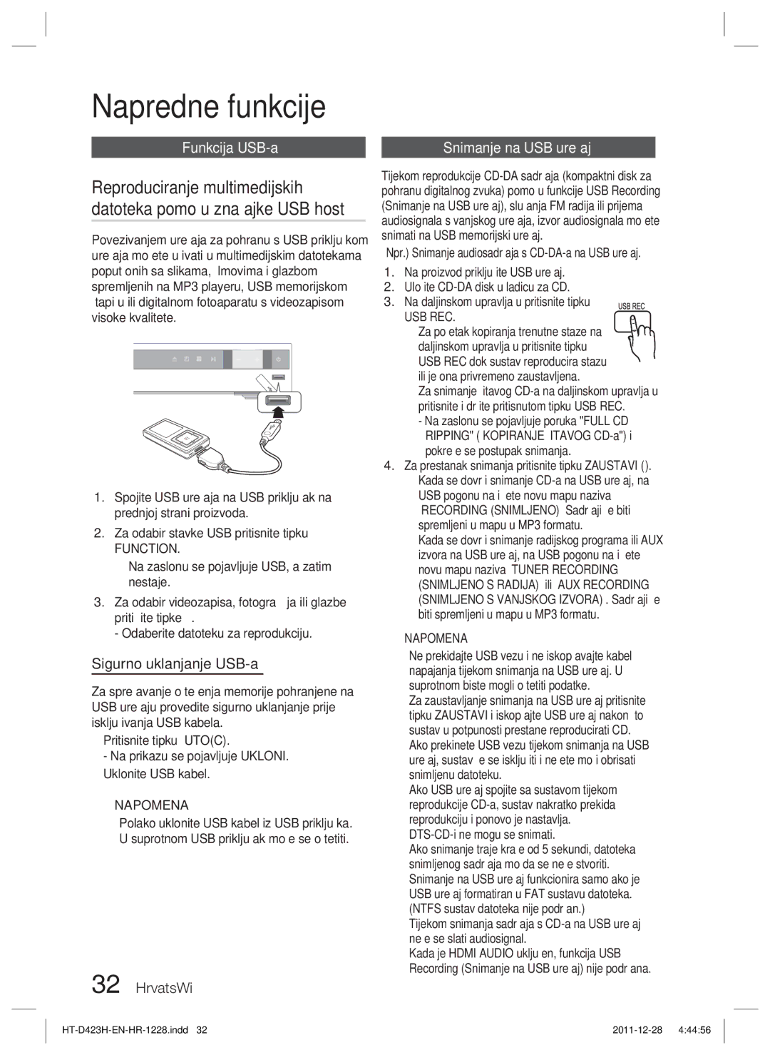 Samsung HT-D423H/EN manual Funkcija USB-a, Sigurno uklanjanje USB-a, Snimanje na USB uređaj, Function, Usb Rec 