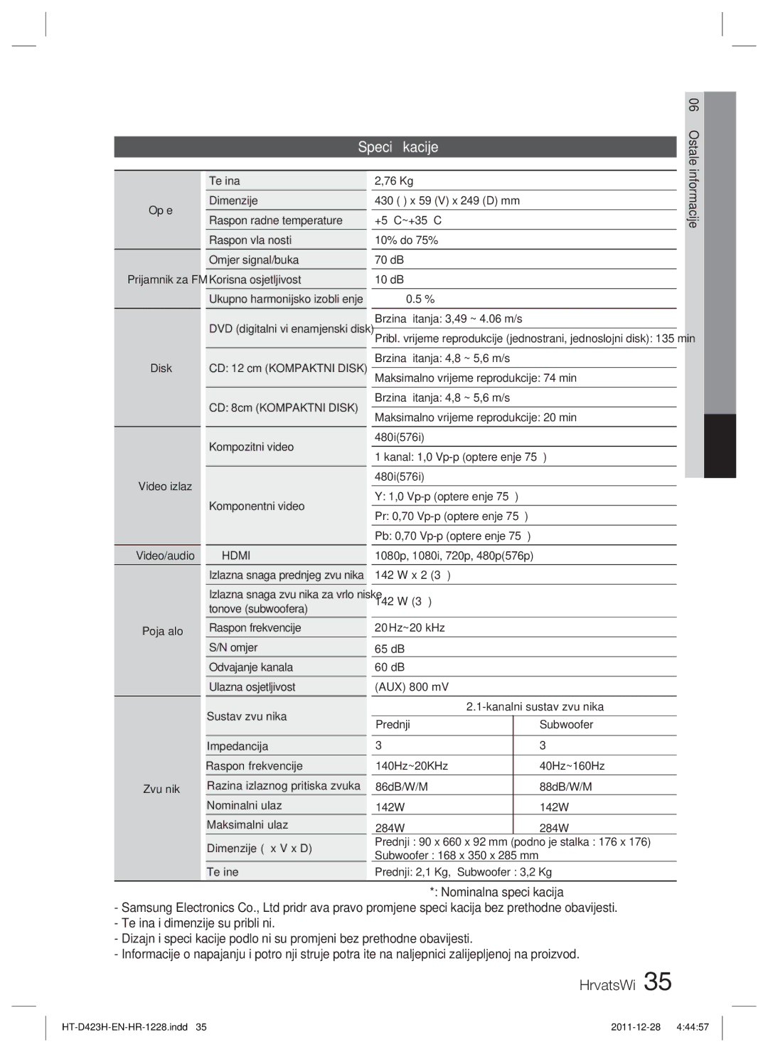 Samsung HT-D423H/EN manual Ostale, Opće, Izlazna snaga prednjeg zvučnika, Brzina čitanja 3,49 ~ 4.06 m/s 