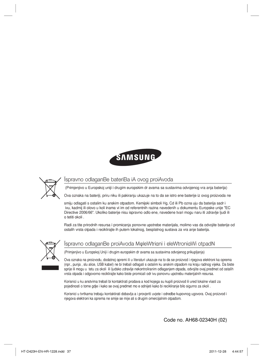 Samsung HT-D423H/EN manual Ispravno odlaganje baterija iz ovog proizvoda 