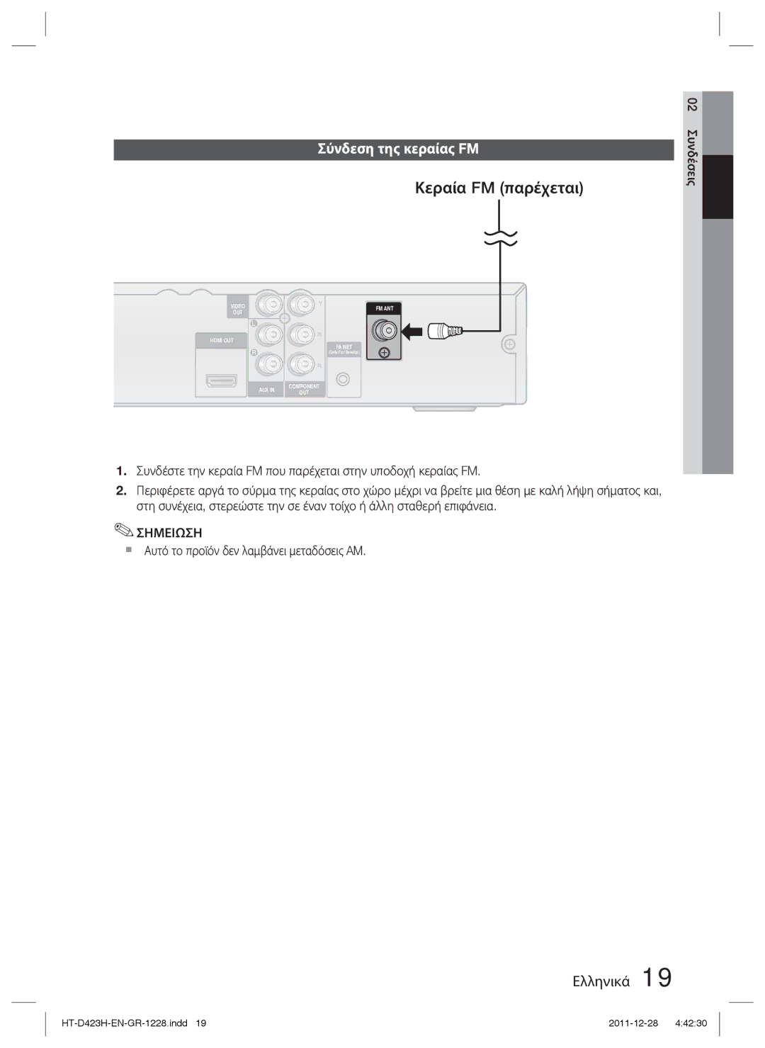 Samsung HT-D423H/EN manual Κεραία FM παρέχεται, Σύνδεση της κεραίας FM,  Αυτό το προϊόν δεν λαμβάνει μεταδόσεις AM 