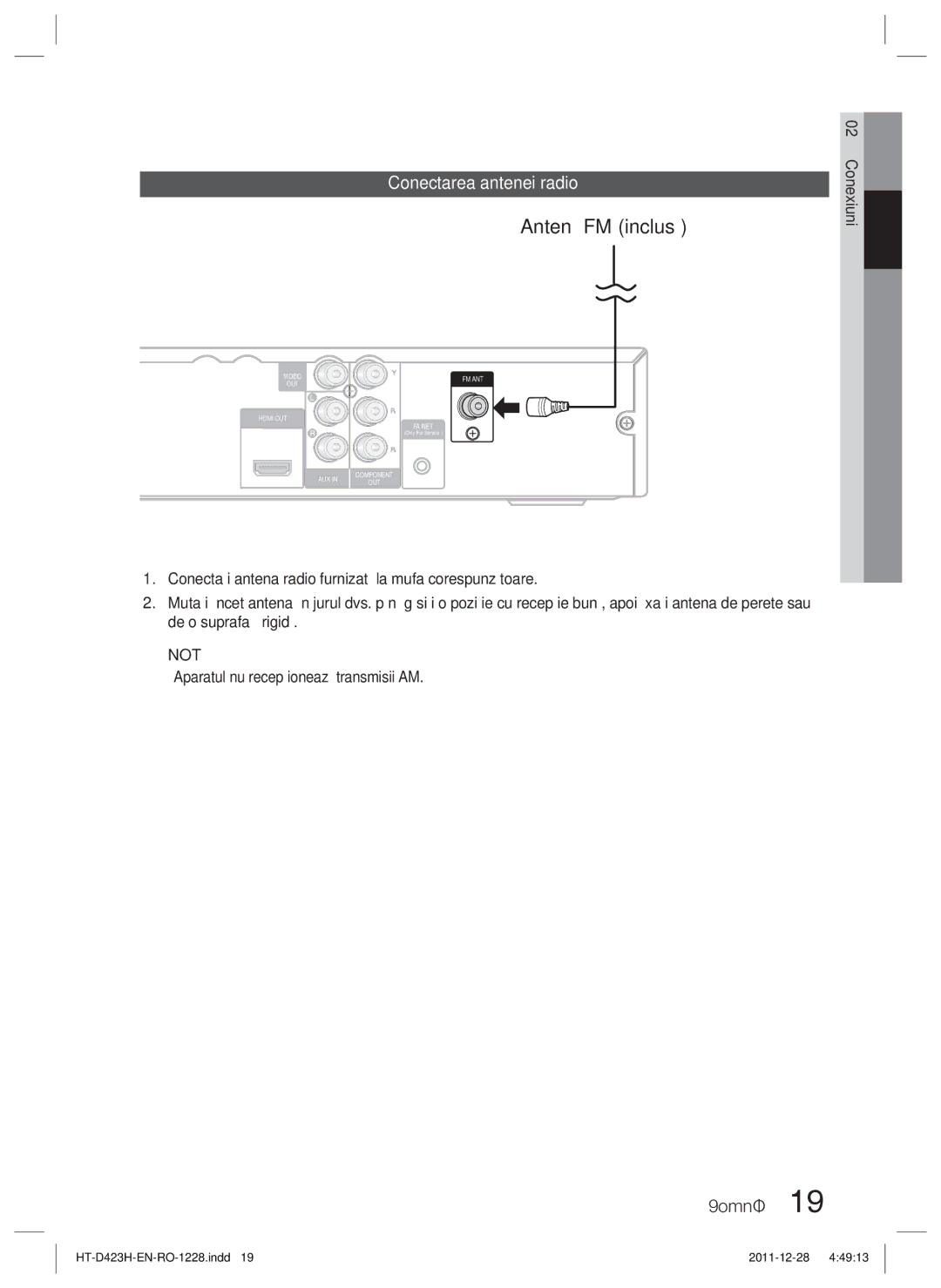 Samsung HT-D423H/EN manual Antenă FM inclusă, Conectarea antenei radio,  Aparatul nu recepţionează transmisii AM 