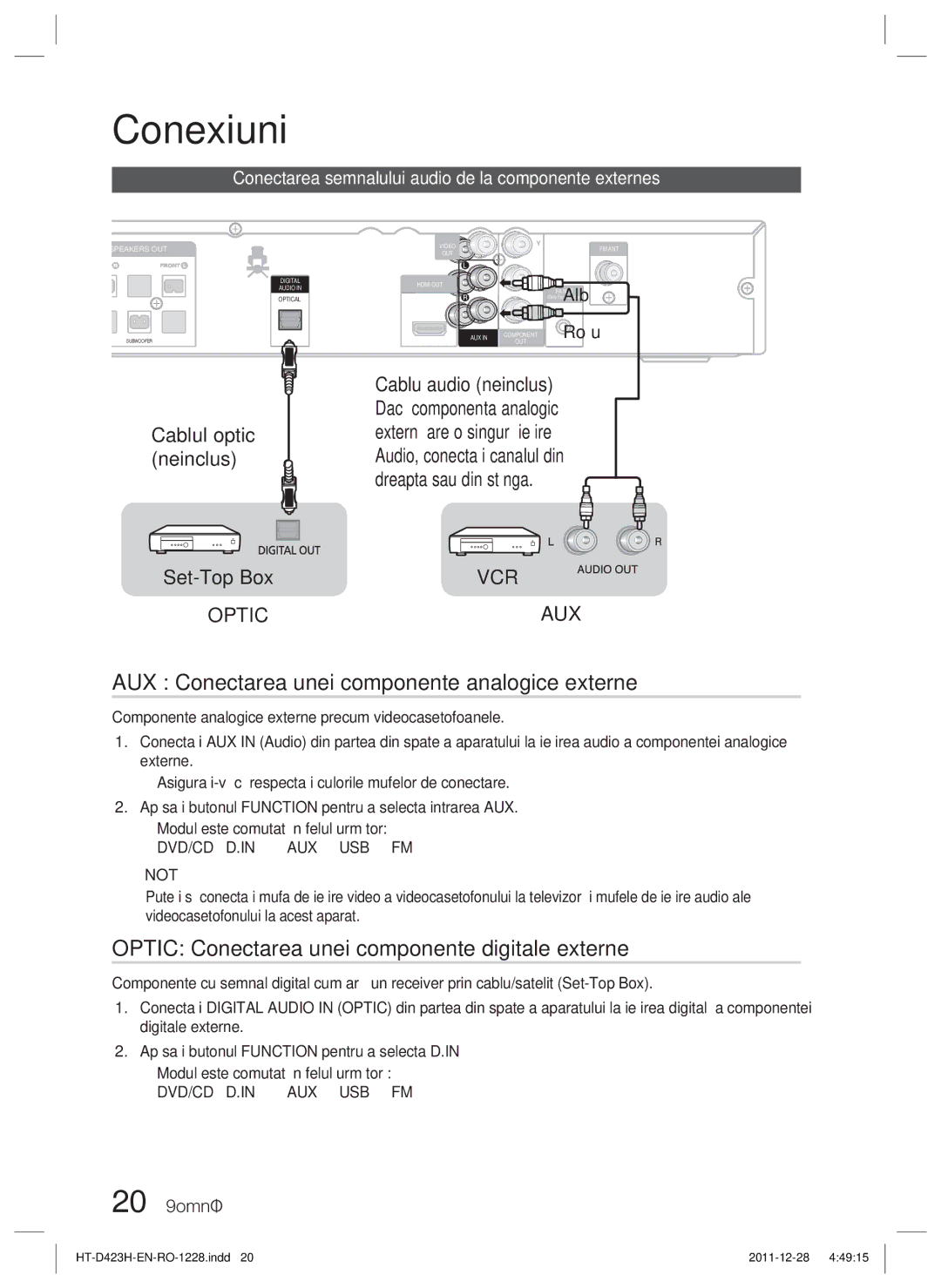 Samsung HT-D423H/EN AUX Conectarea unei componente analogice externe, Optic Conectarea unei componente digitale externe 