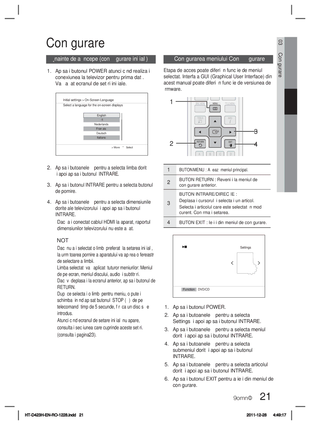 Samsung HT-D423H/EN manual Conﬁgurare, Înainte de a începe conﬁgurare iniţială, Intrare, Return 