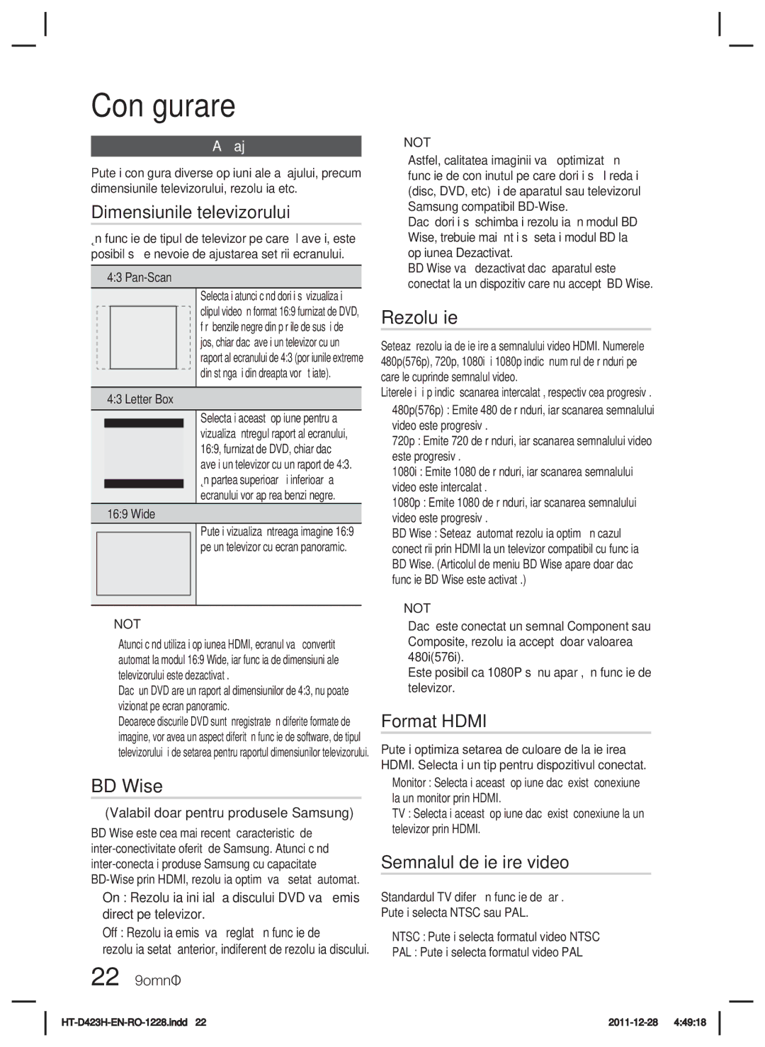 Samsung HT-D423H/EN manual Dimensiunile televizorului, Rezoluţie, Format Hdmi, Semnalul de ieşire video, Aﬁşaj 