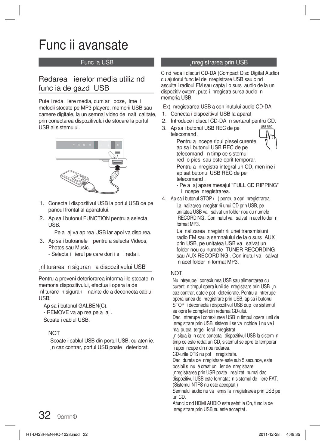 Samsung HT-D423H/EN manual Funcţii avansate, Redarea ﬁşierelor media utilizând funcţia de gazdă USB, Funcţia USB 