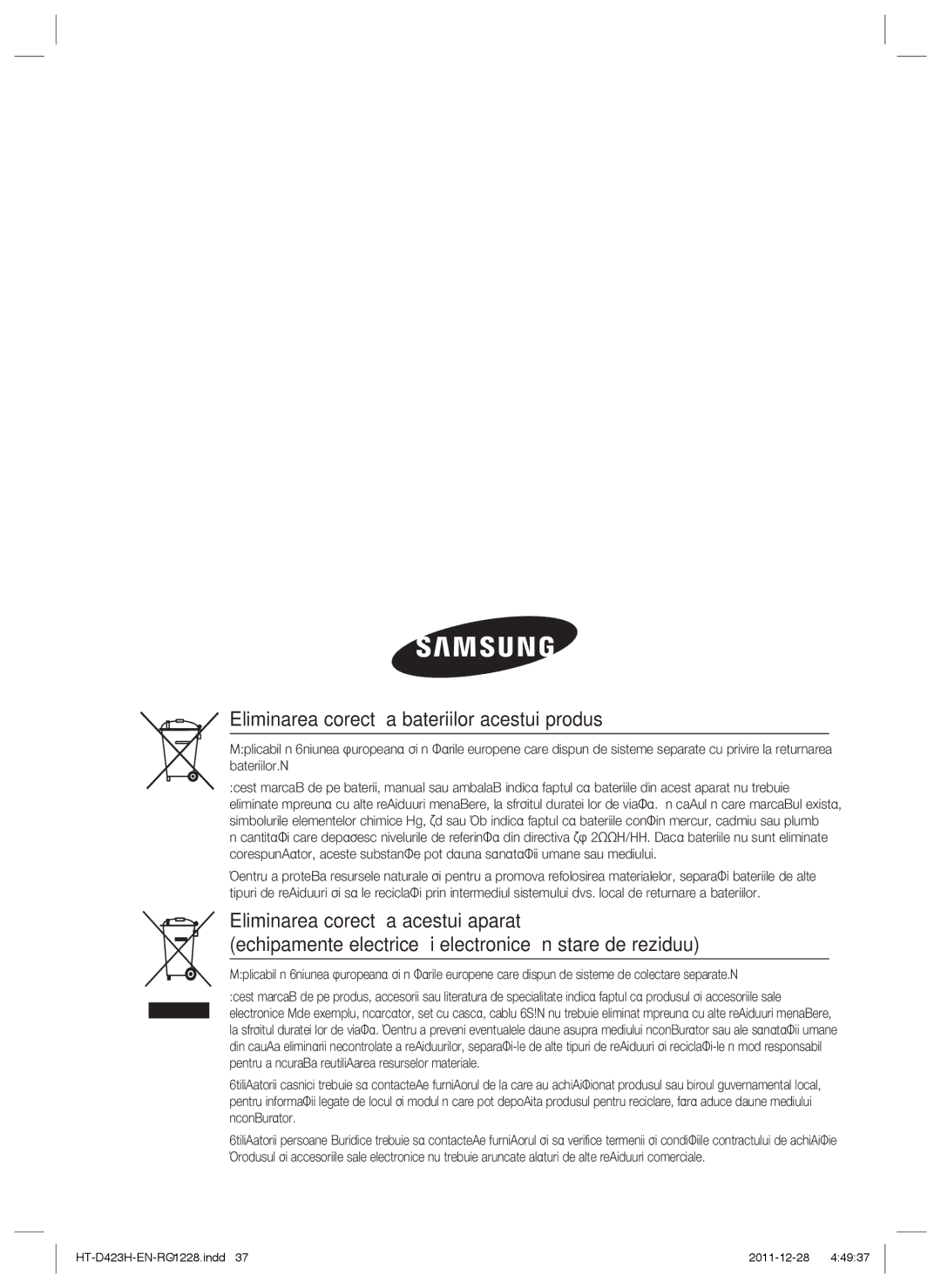 Samsung HT-D423H/EN manual Eliminarea corectă a bateriilor acestui produs 