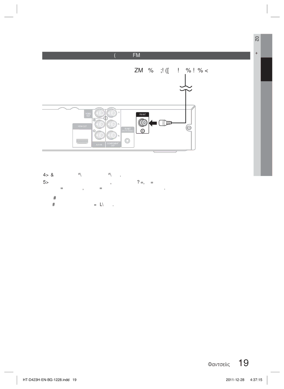 Samsung HT-D423H/EN manual FM антена включена в доставката, Свързване на FM антената 