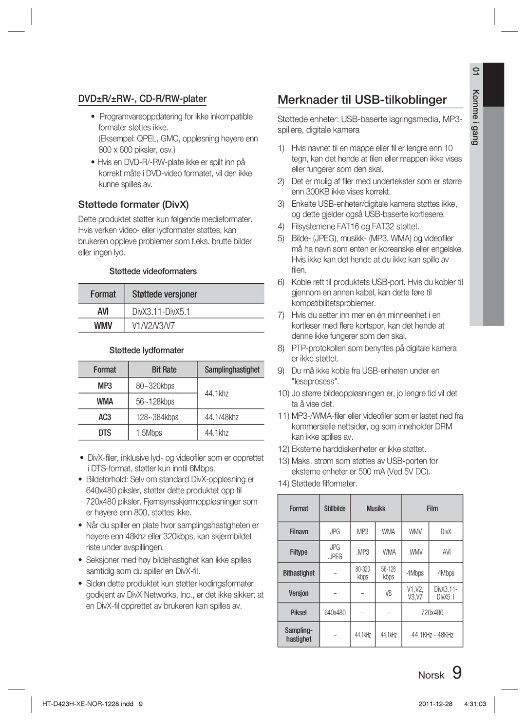 Samsung HT-D423H/XE manual Merknader til USB-tilkoblinger, DVD±R/±RW-, CD-R/RW-plater, Støttede formater DivX 