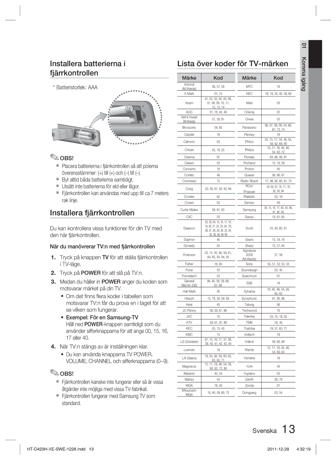 Samsung HT-D423H/XE Installera batterierna i fjärrkontrollen, Installera fjärrkontrollen, Lista över koder för TV-märken 