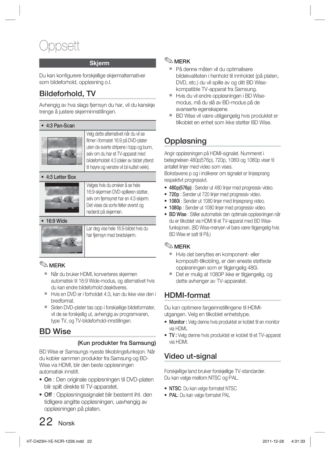 Samsung HT-D423H/XE manual Bildeforhold, TV, Oppløsning, Skjerm 