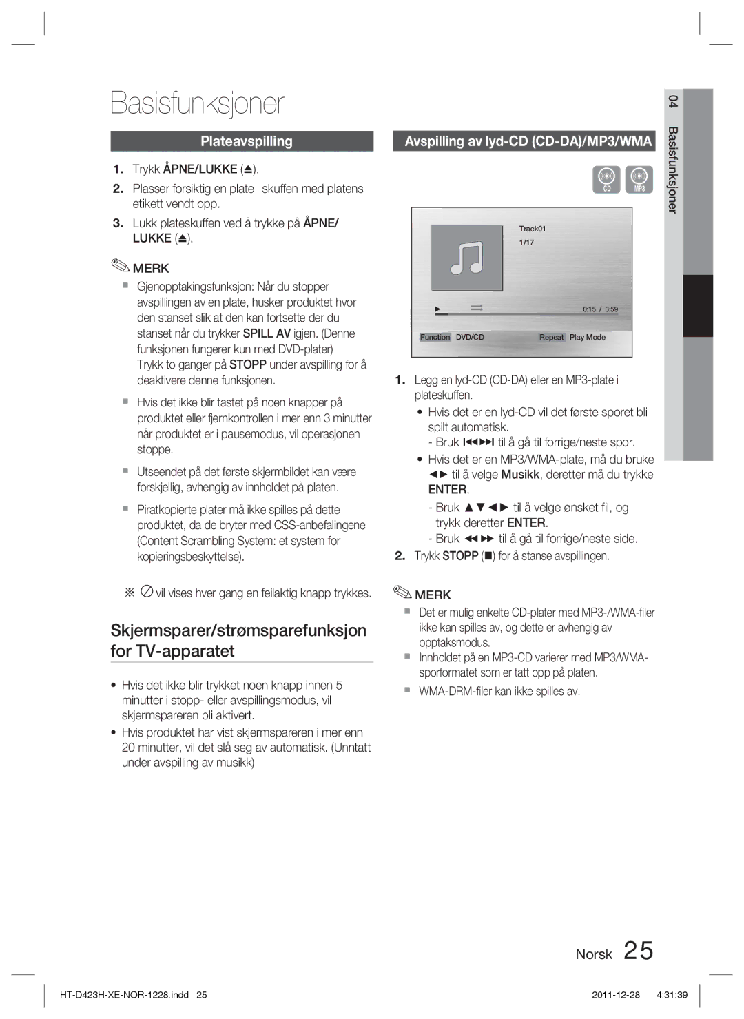 Samsung HT-D423H/XE manual Basisfunksjoner, Skjermsparer/strømsparefunksjon for TV-apparatet, Plateavspilling 