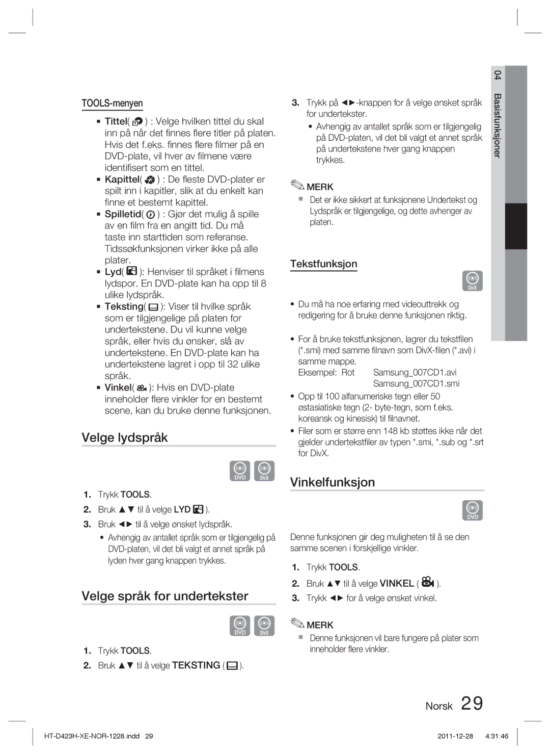 Samsung HT-D423H/XE manual Velge lydspråk, Velge språk for undertekster, Vinkelfunksjon, TOOLS-menyen, Tekstfunksjon 