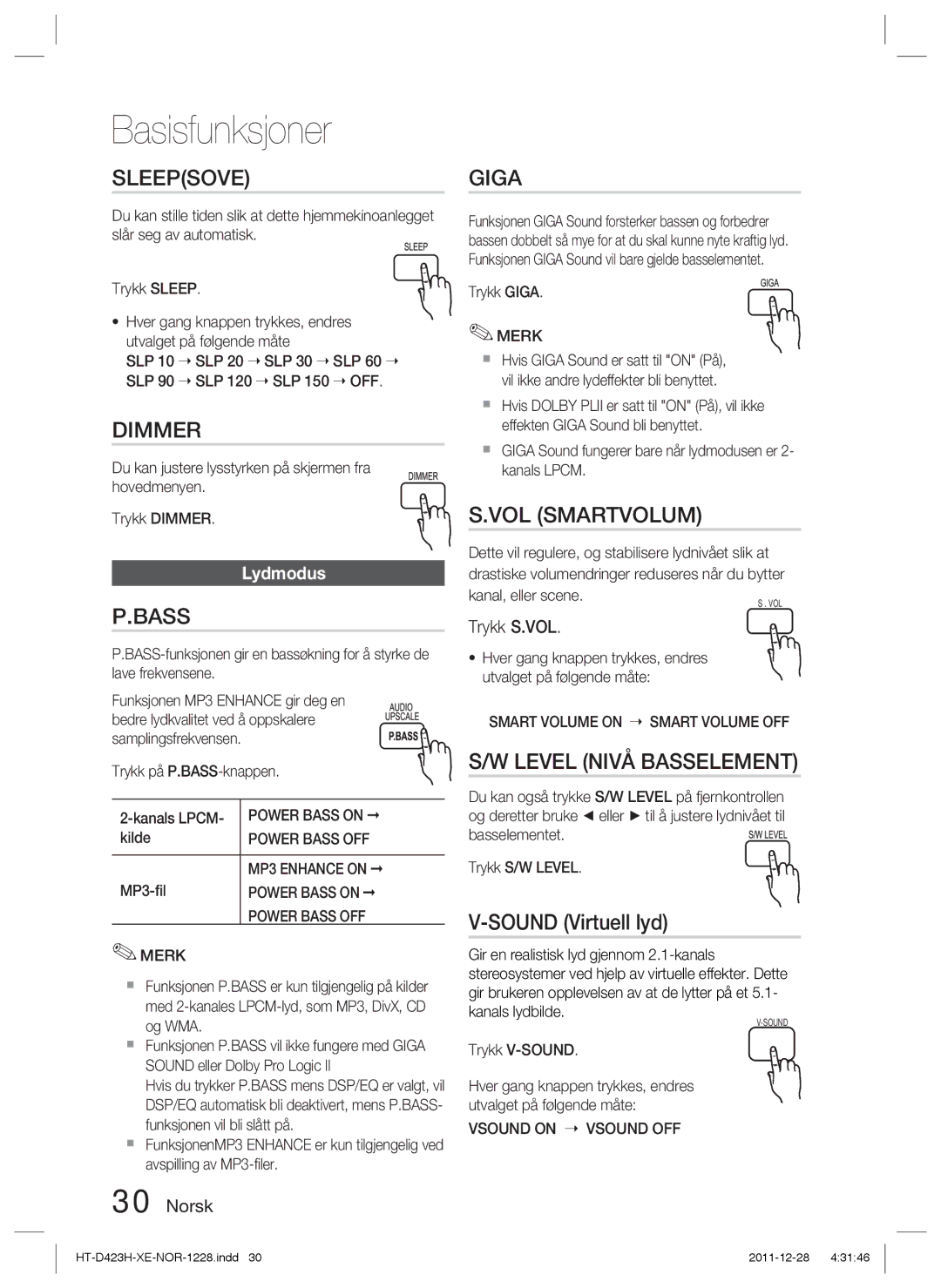 Samsung HT-D423H/XE manual Sleepsove, VOL Smartvolum, Level Nivå Basselement, Sound Virtuell lyd, Lydmodus 