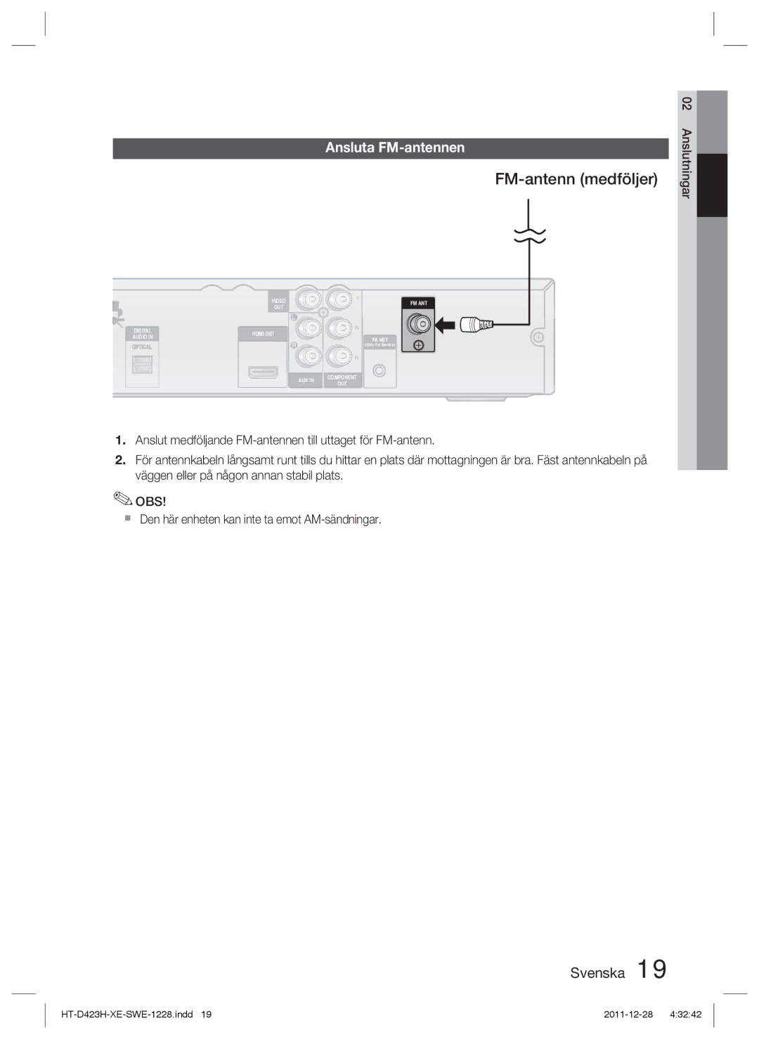 Samsung HT-D423H/XE manual FM-antenn medföljer, Ansluta FM-antennen 