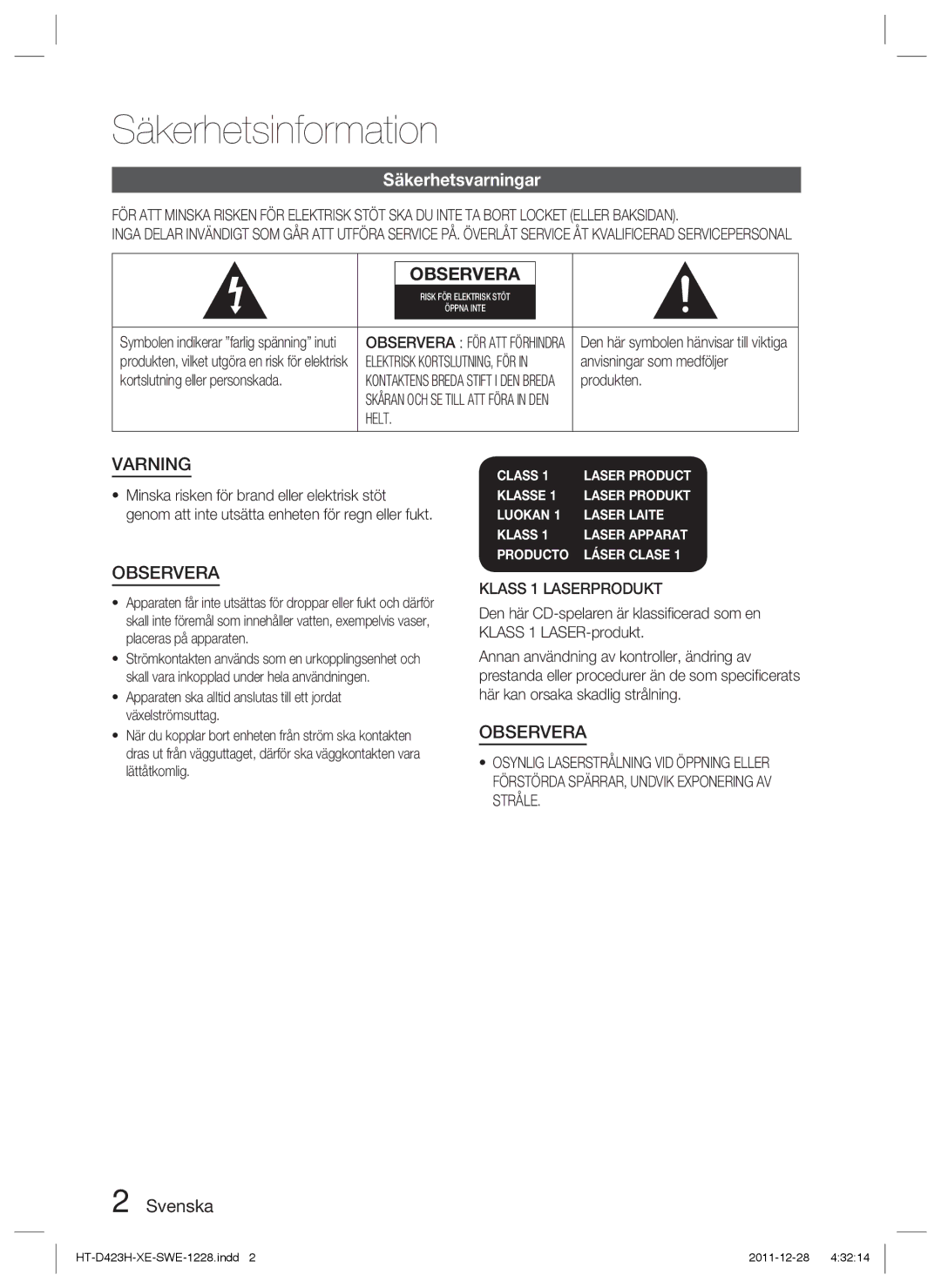 Samsung HT-D423H/XE manual Säkerhetsinformation, Säkerhetsvarningar, Svenska, Helt, Klass 1 Laserprodukt 