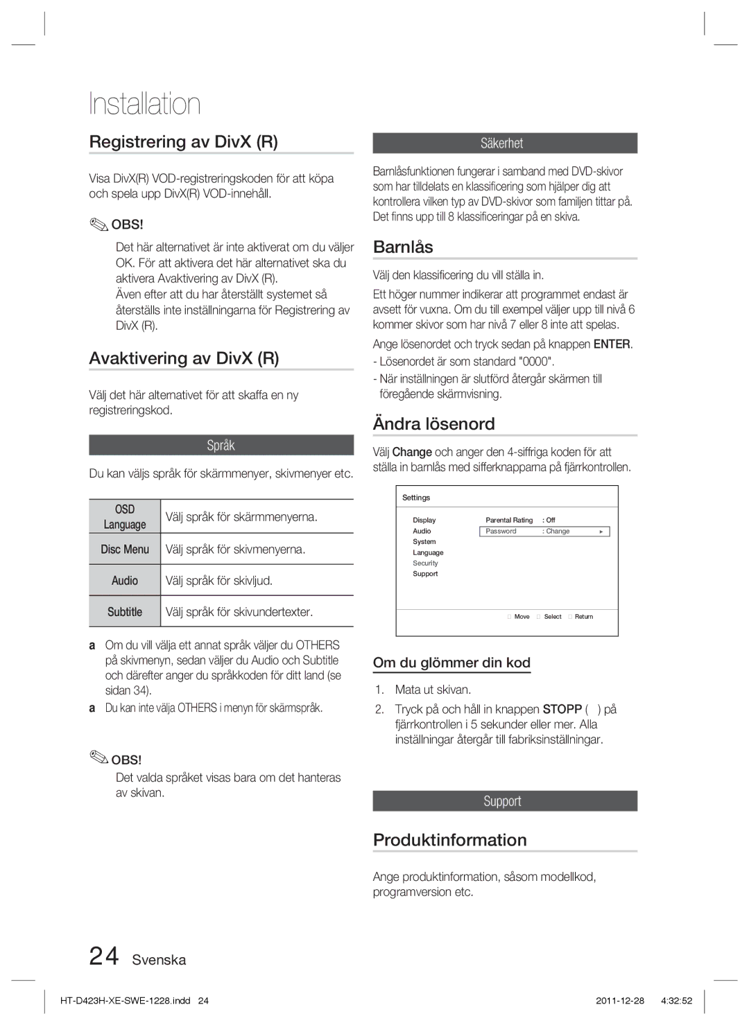 Samsung HT-D423H/XE manual Registrering av DivX R, Avaktivering av DivX R, Barnlås, Ändra lösenord, Produktinformation 