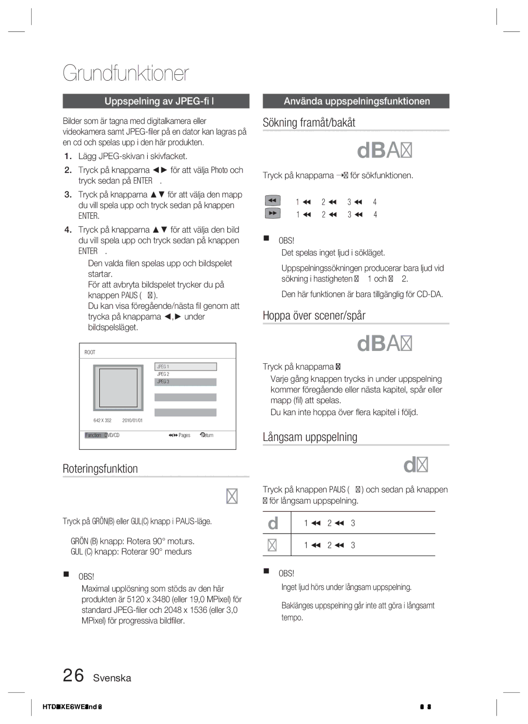 Samsung HT-D423H/XE manual Roteringsfunktion, Sökning framåt/bakåt, Hoppa över scener/spår, Långsam uppspelning 