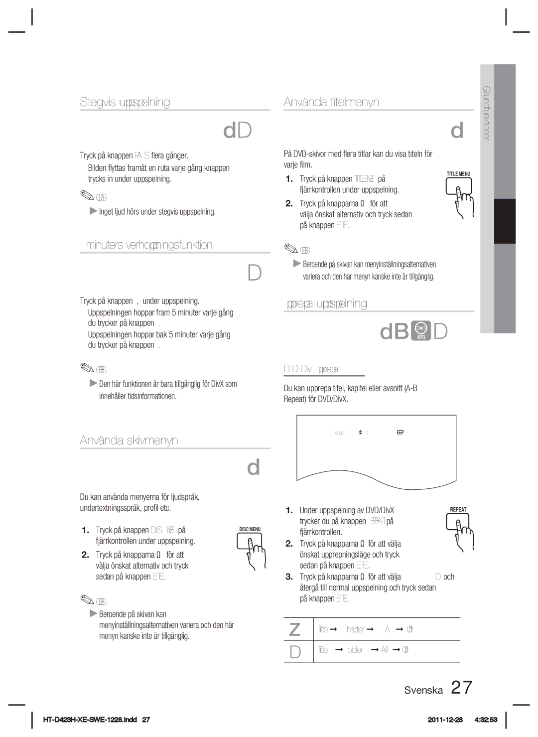 Samsung HT-D423H/XE manual Stegvis uppspelning, Använda titelmenyn, Minuters överhoppningsfunktion, Upprepa uppspelning 