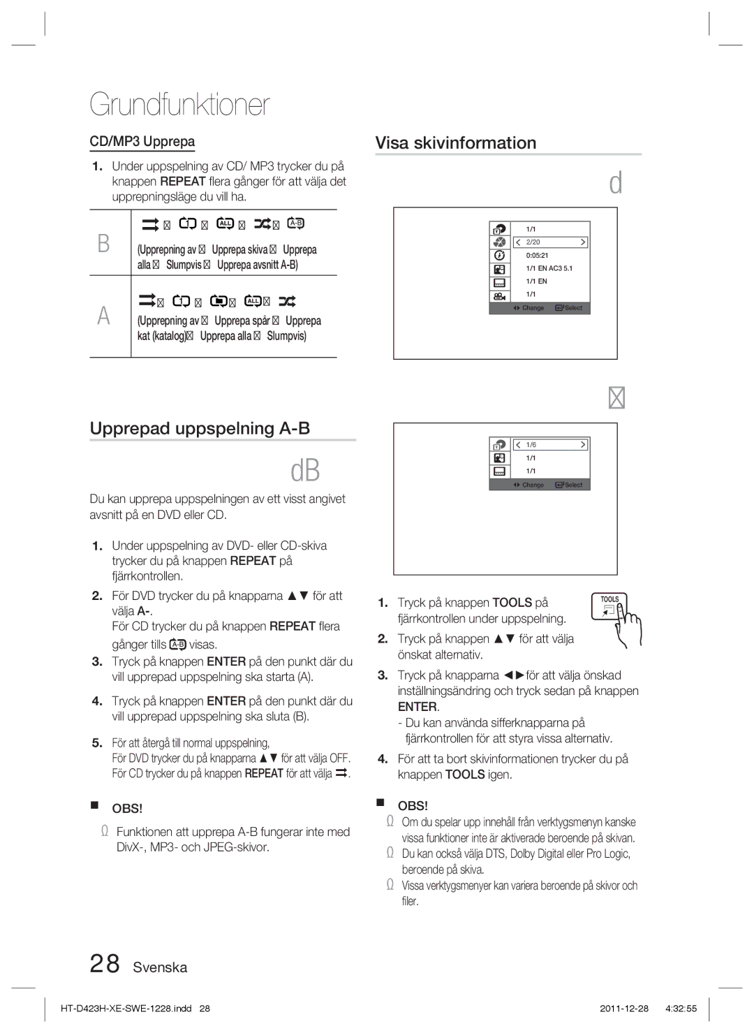 Samsung HT-D423H/XE manual Visa skivinformation, Upprepad uppspelning A-B, CD/MP3 Upprepa 