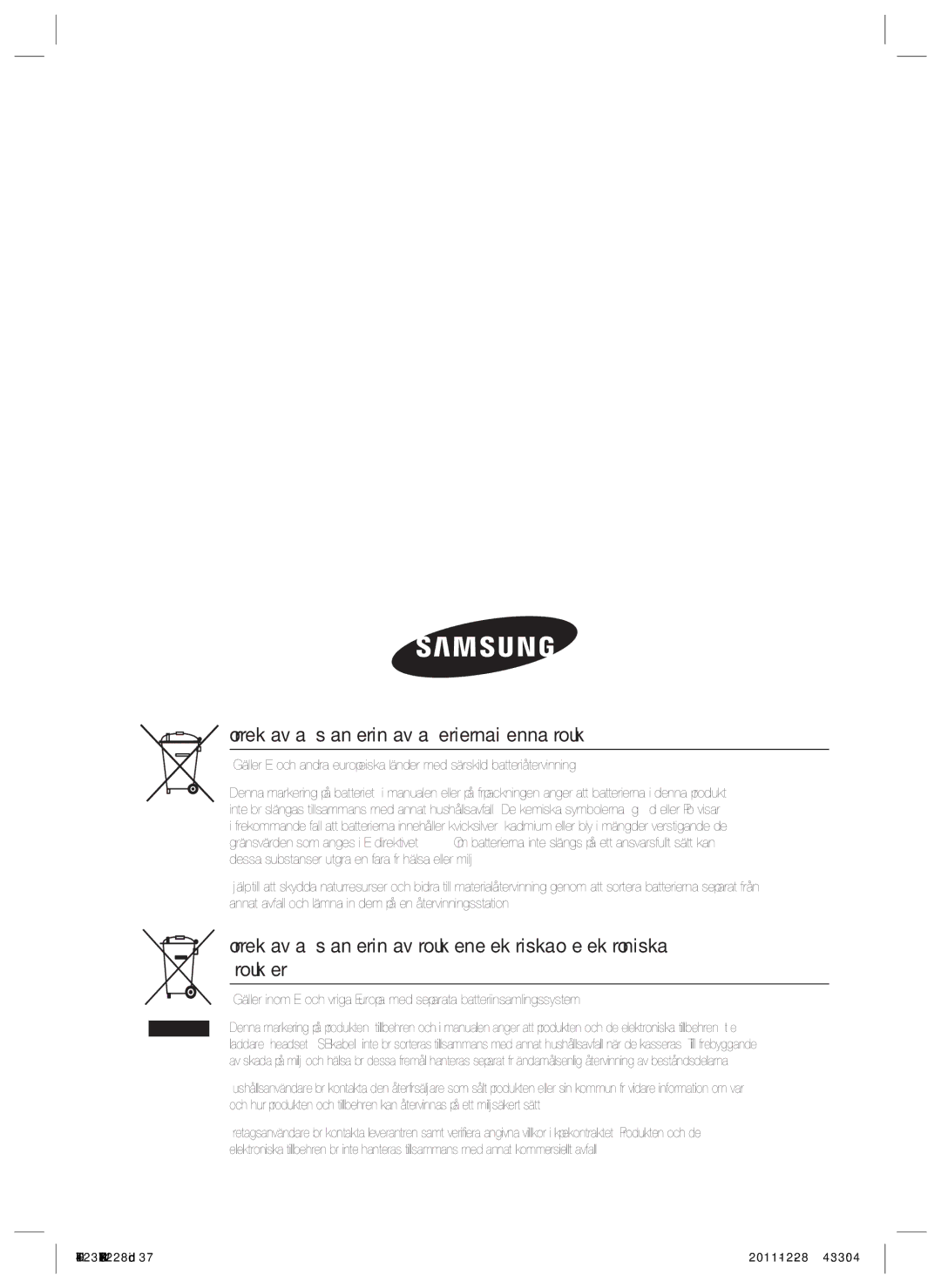 Samsung HT-D423H/XE manual Korrekt avfallshantering av batterierna i denna produkt 