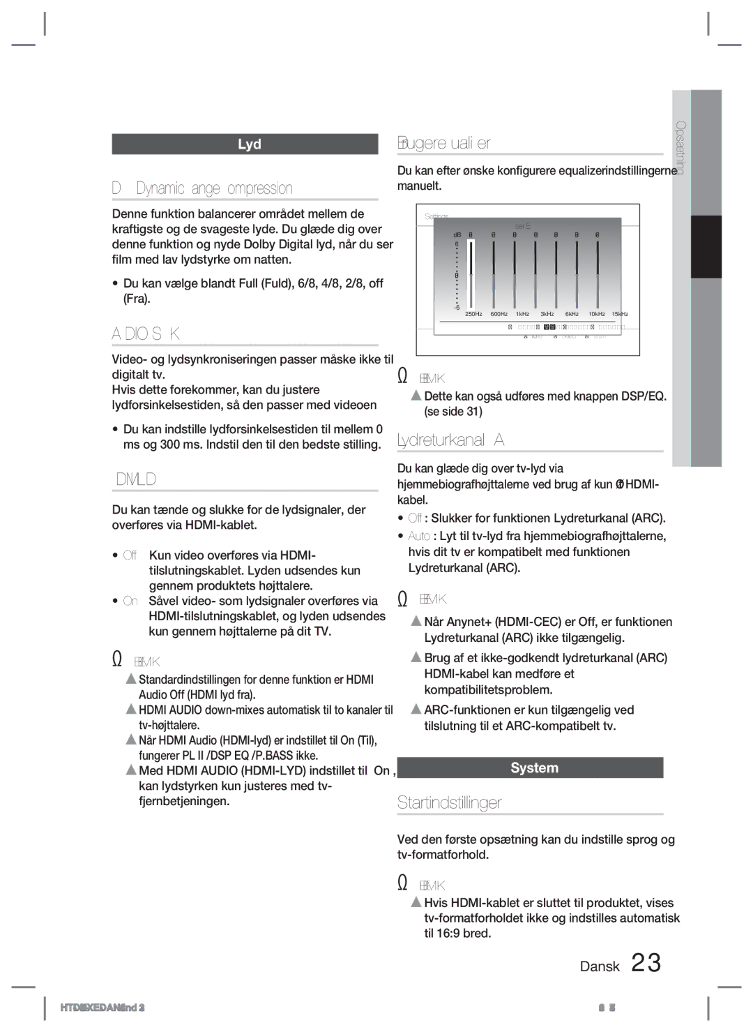 Samsung HT-D423H/XE manual Audio-Synk, Hdmi-Lyd, Brugerequalizer, Lydreturkanal ARC, Startindstillinger 