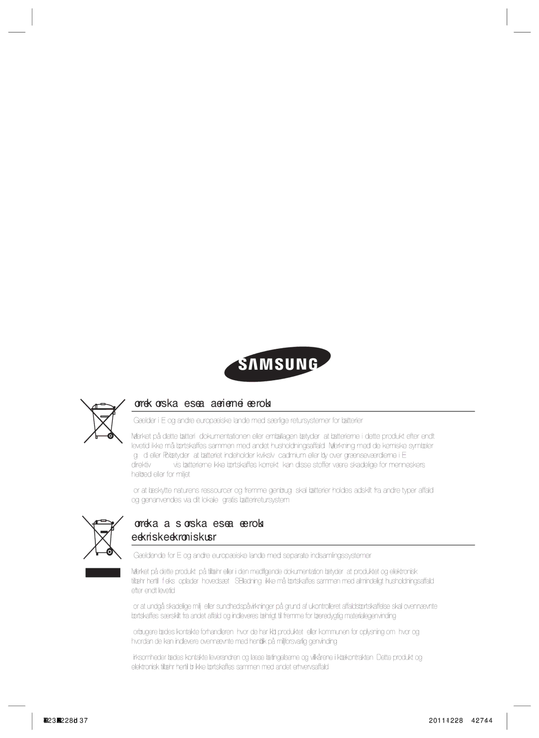 Samsung HT-D423H/XE manual Korrekt bortskaffelse af batterierne i dette produkt 