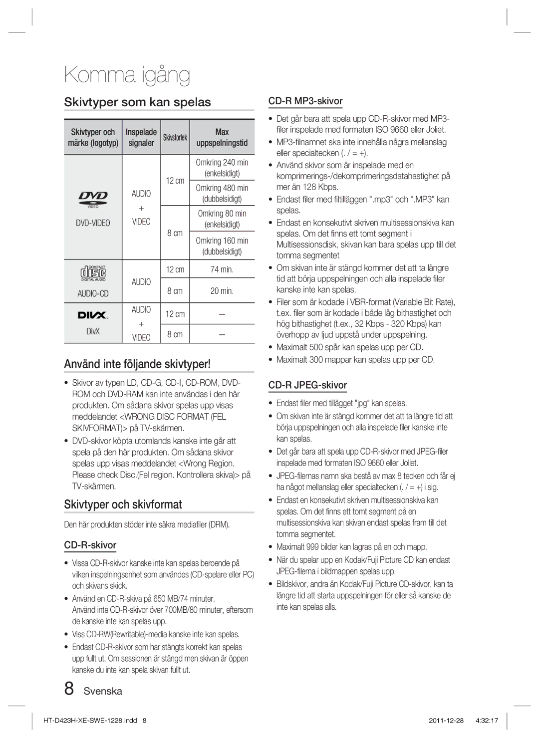 Samsung HT-D423H/XE manual Skivtyper som kan spelas, Använd inte följande skivtyper, Skivtyper och skivformat 