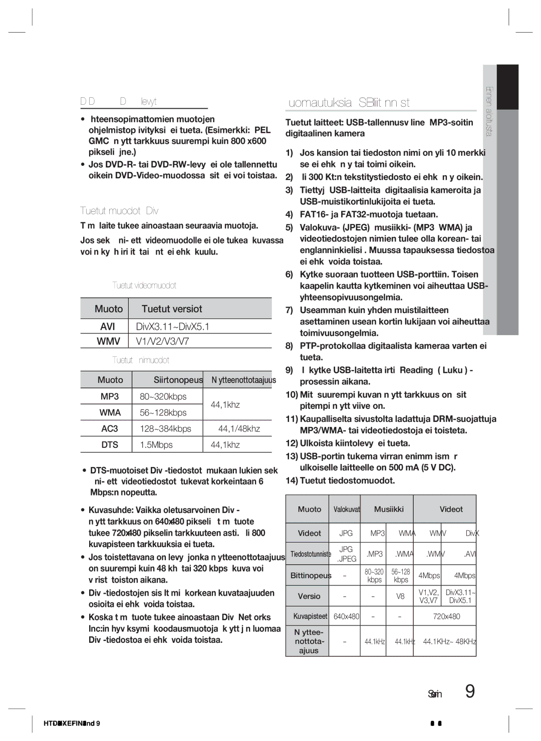 Samsung HT-D423H/XE Huomautuksia USB-liitännästä, DVD±R/±RW-, CD-R/RW-levyt, Tuetut muodot DivX, Muoto Tuetut versiot 