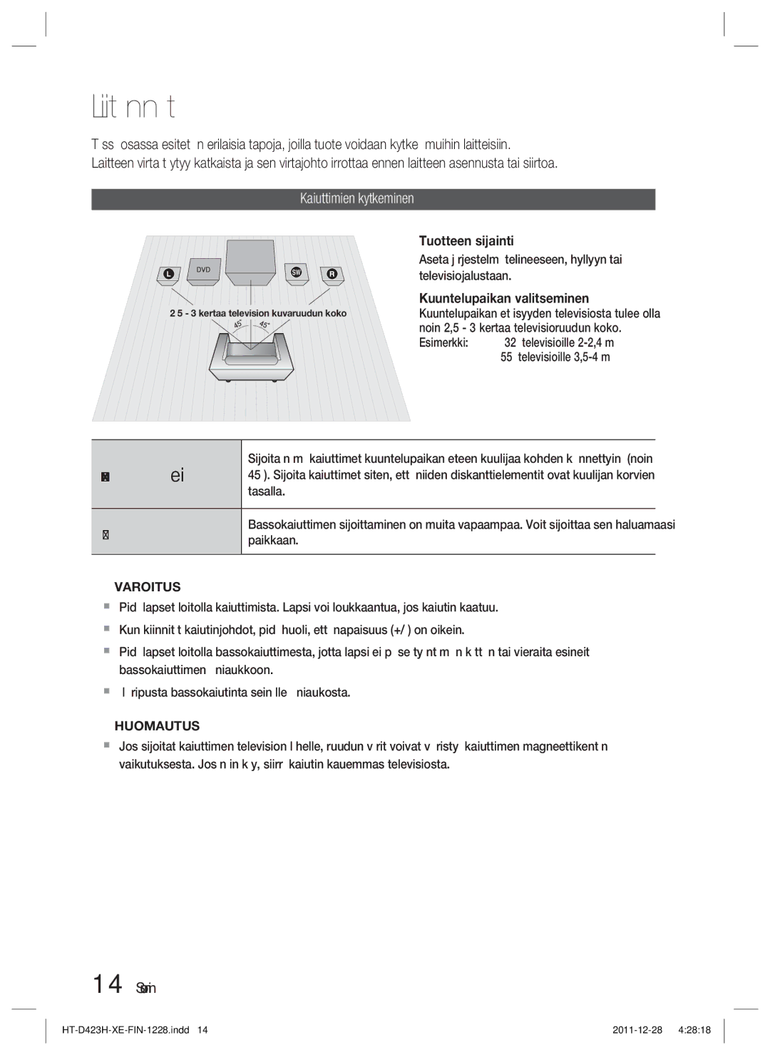 Samsung HT-D423H/XE manual Liitännät, Kaiuttimien kytkeminen, Varoitus 