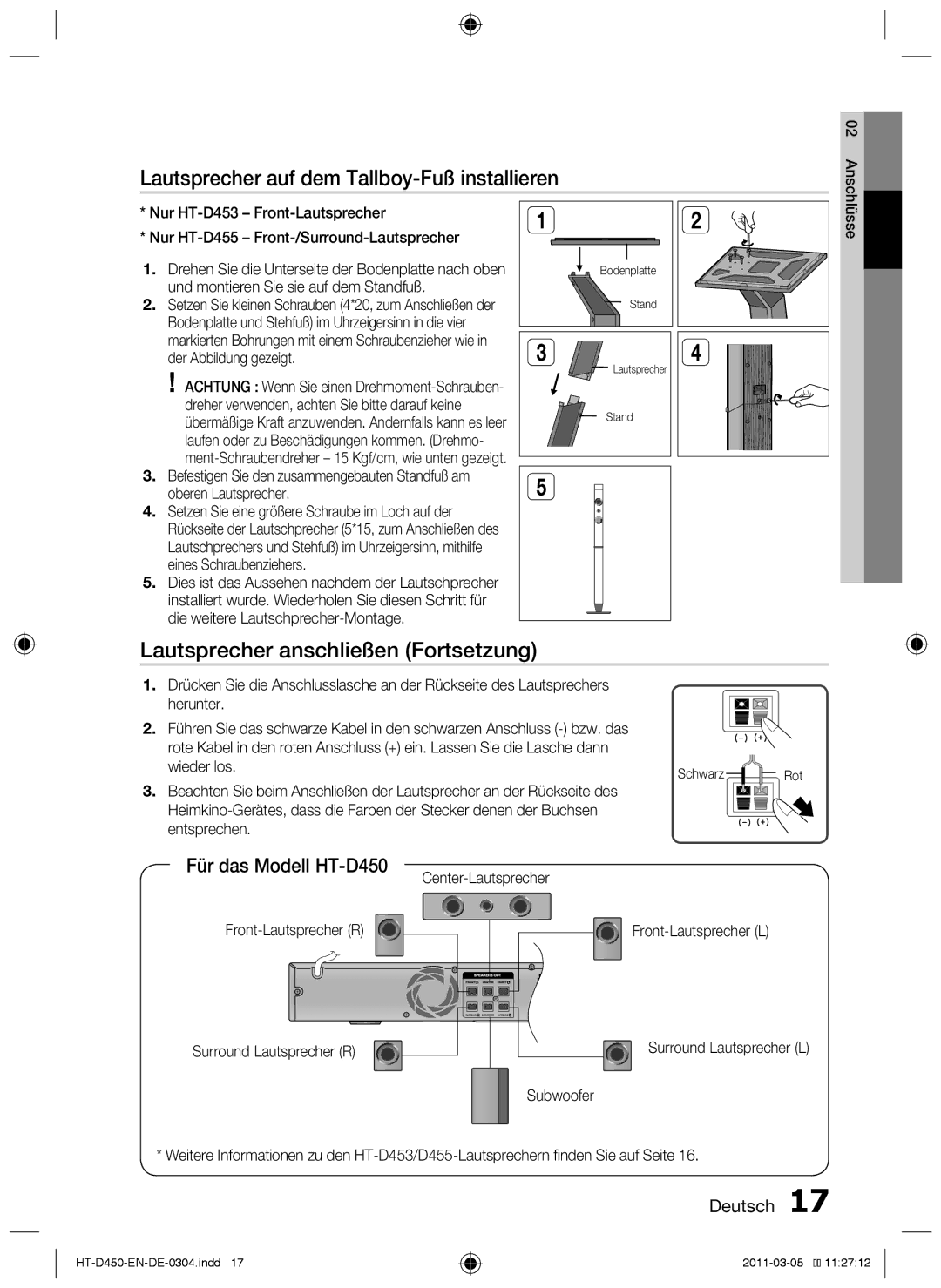 Samsung HT-D453 Lautsprecher auf dem Tallboy-Fuß installieren, Lautsprecher anschließen Fortsetzung, Center-Lautsprecher 