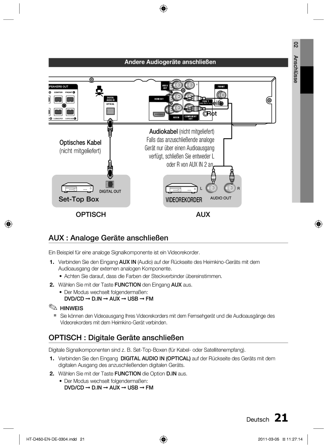 Samsung HT-D450 AUX Analoge Geräte anschließen, Optisch Digitale Geräte anschließen, Andere Audiogeräte anschließen 