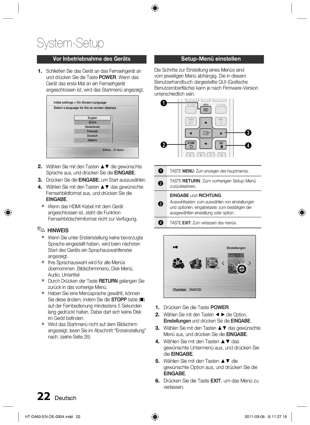 Samsung HT-D455, HT-D450, HT-D453 user manual System-Setup, Vor Inbetriebnahme des Geräts, Setup-Menü einstellen, Eingabe 