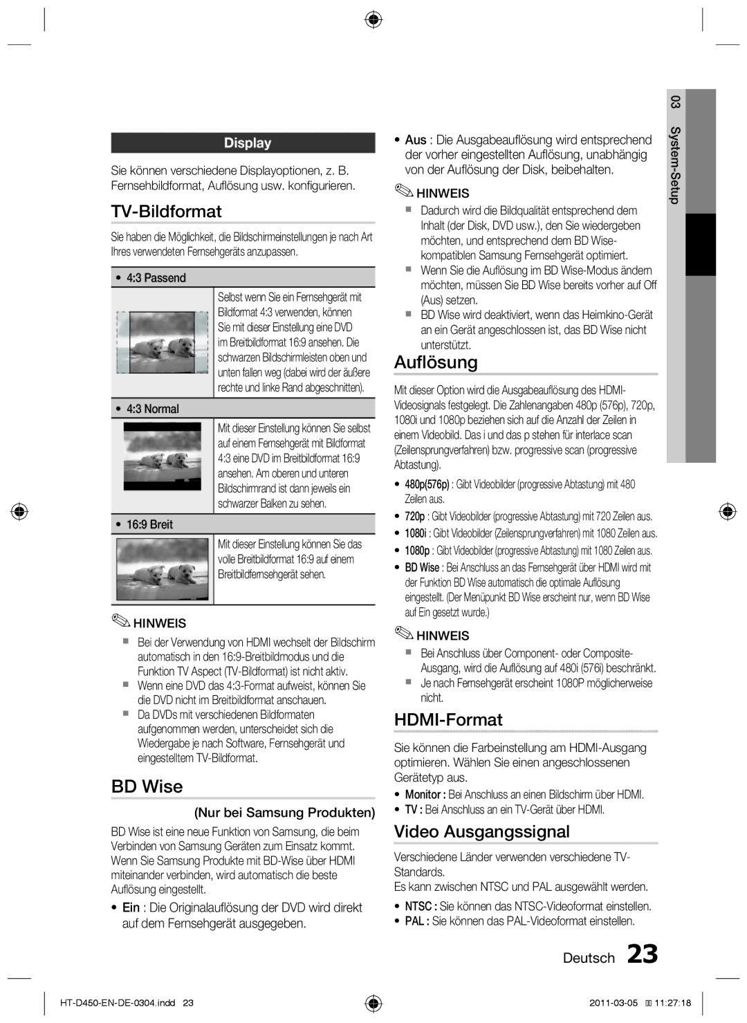 Samsung HT-D453, HT-D450, HT-D455 user manual TV-Bildformat, Auflösung, HDMI-Format, Video Ausgangssignal 