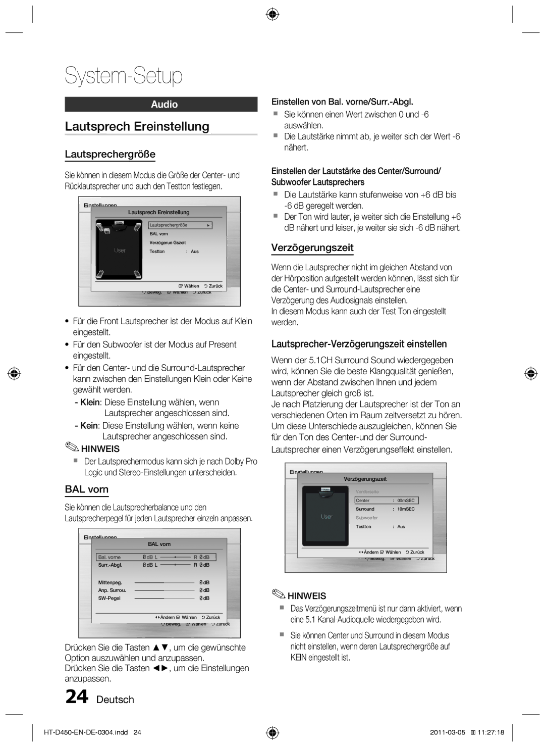 Samsung HT-D450, HT-D455, HT-D453 user manual Lautsprech Ereinstellung, Lautsprechergröße, BAL vorn, Verzögerungszeit 