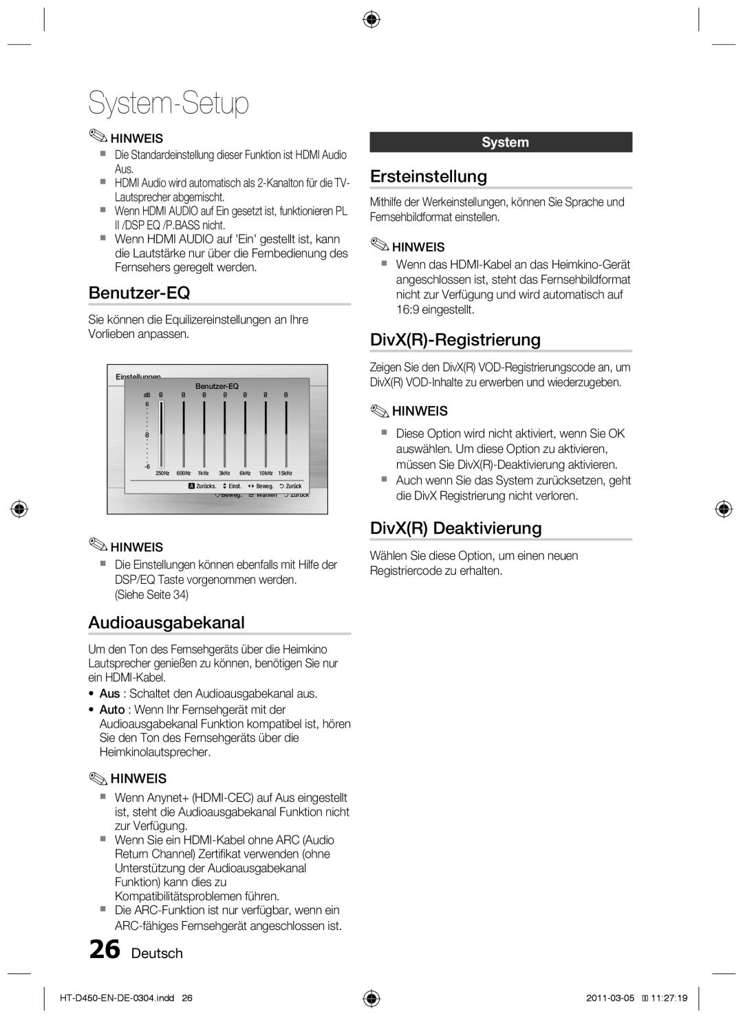 Samsung HT-D453, HT-D450, HT-D455 Benutzer-EQ, Audioausgabekanal, Ersteinstellung, DivXR-Registrierung, DivXR Deaktivierung 