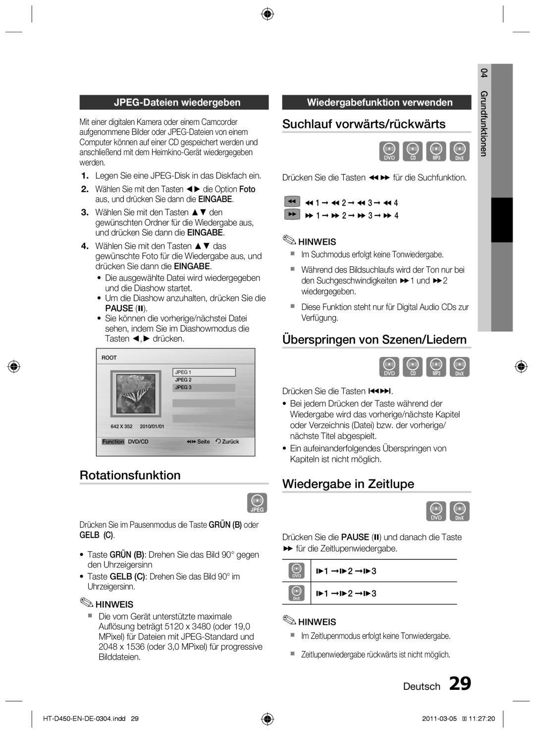 Samsung HT-D453 Rotationsfunktion, Suchlauf vorwärts/rückwärts, Überspringen von Szenen/Liedern, Wiedergabe in Zeitlupe 