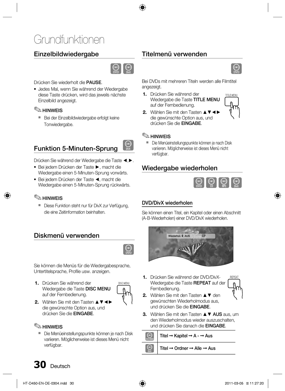 Samsung HT-D450, HT-D455 Einzelbildwiedergabe, Funktion 5-Minuten-Sprung D, Diskmenü verwenden, Titelmenü verwenden 