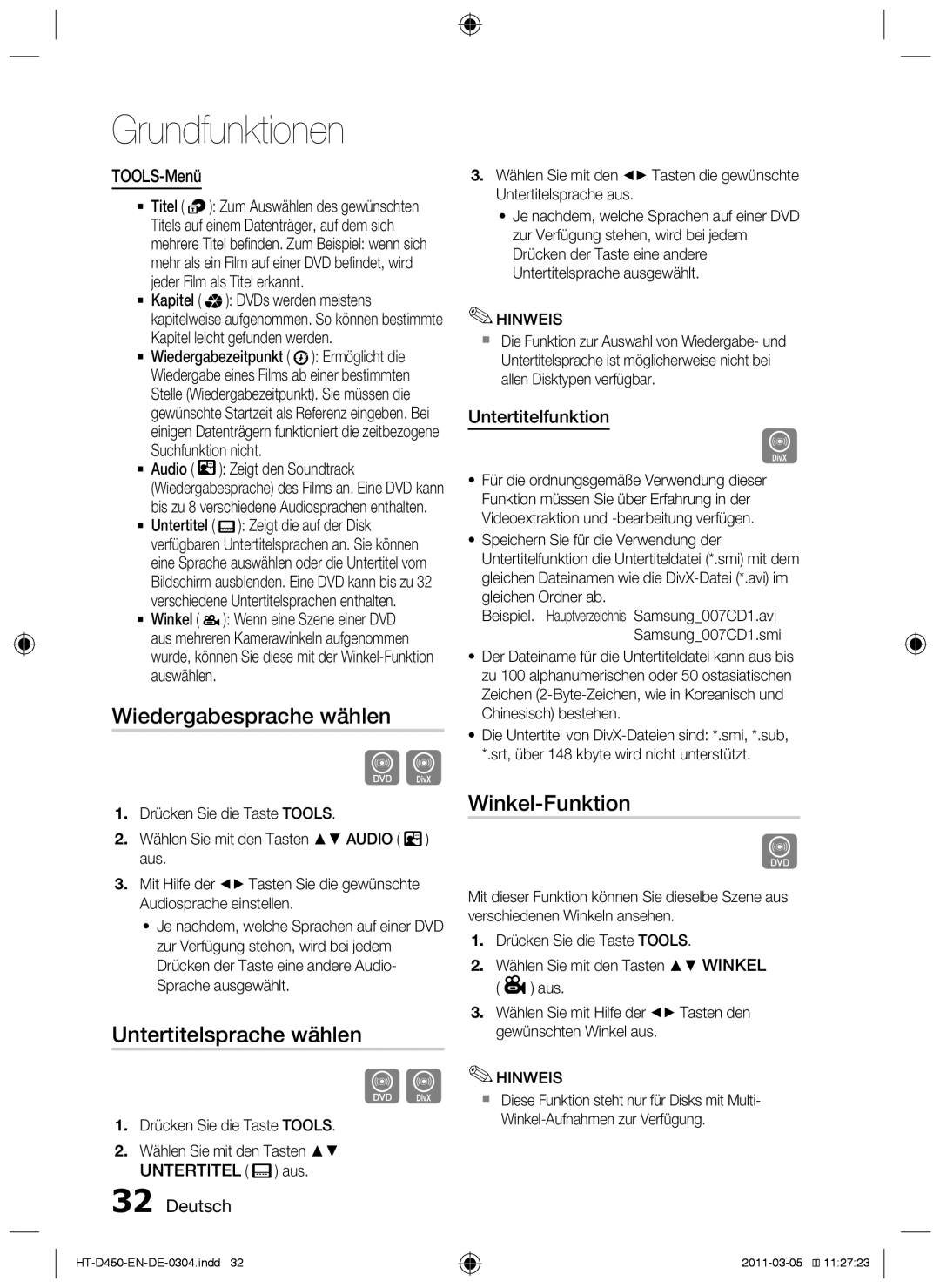 Samsung HT-D453 Wiedergabesprache wählen, Untertitelsprache wählen, Winkel-Funktion, TOOLS-Menü, Untertitelfunktion 