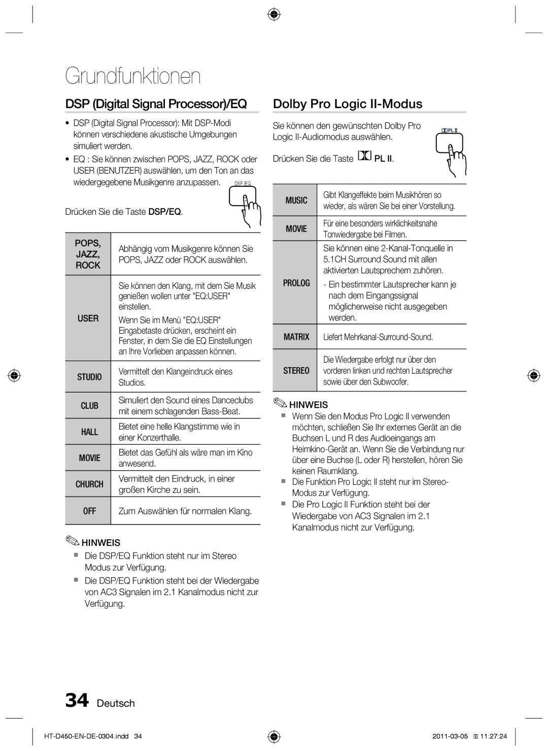 Samsung HT-D455, HT-D450, HT-D453 user manual Dolby Pro Logic II-Modus, Music 