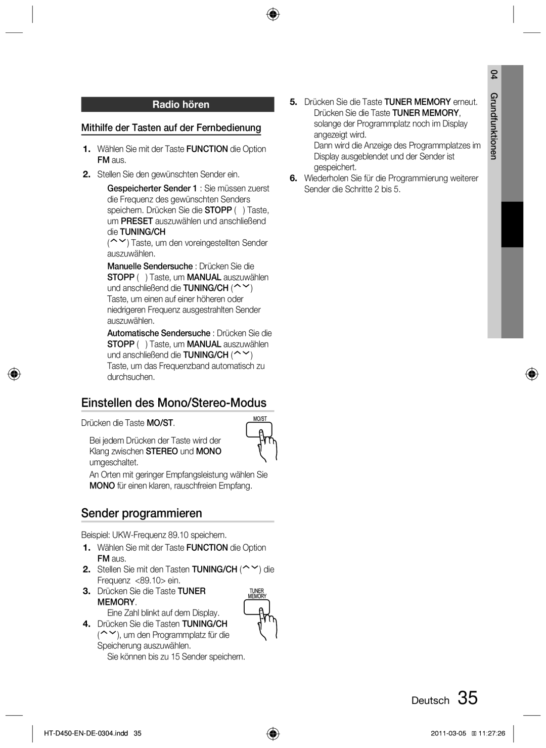 Samsung HT-D453, HT-D450, HT-D455 user manual Einstellen des Mono/Stereo-Modus, Sender programmieren, Radio hören 