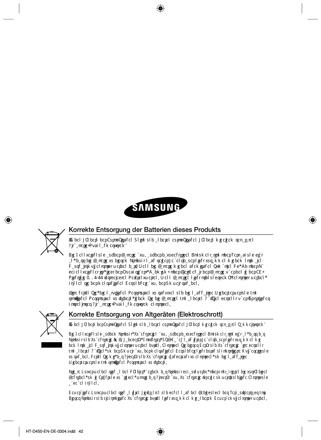 Samsung HT-D450 Korrekte Entsorgung der Batterien dieses Produkts, Korrekte Entsorgung von Altgeräten Elektroschrott 