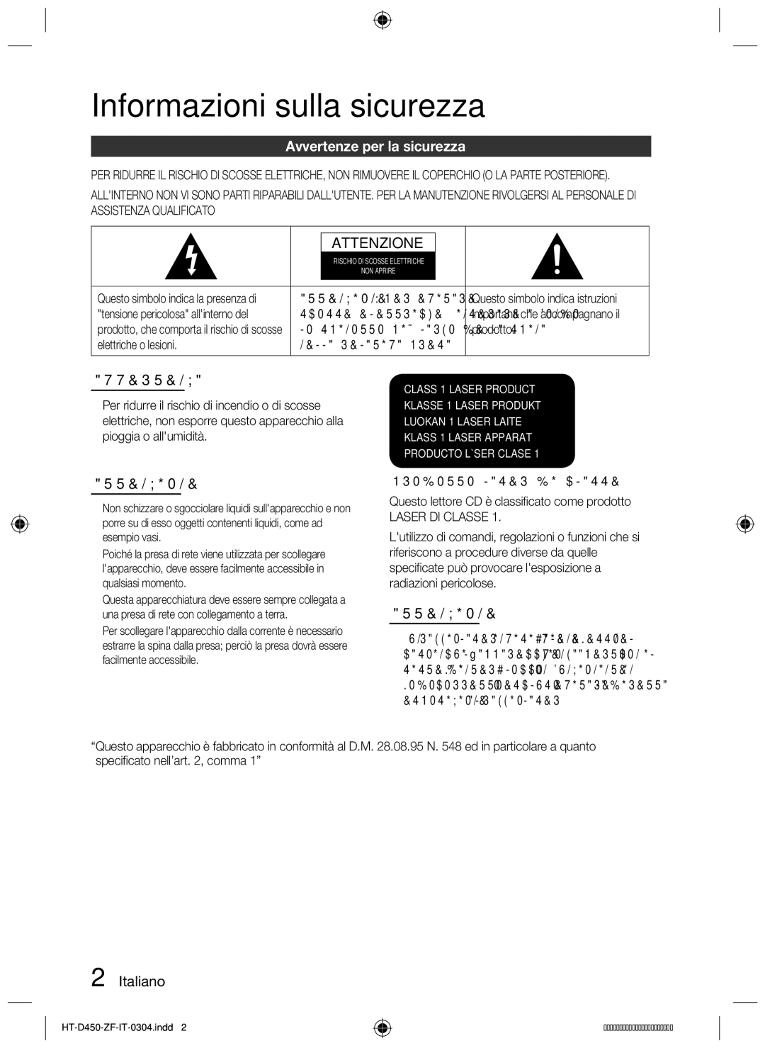 Samsung HT-D453, HT-D450, HT-D455 user manual Informazioni sulla sicurezza, Avvertenze per la sicurezza,  Italiano 