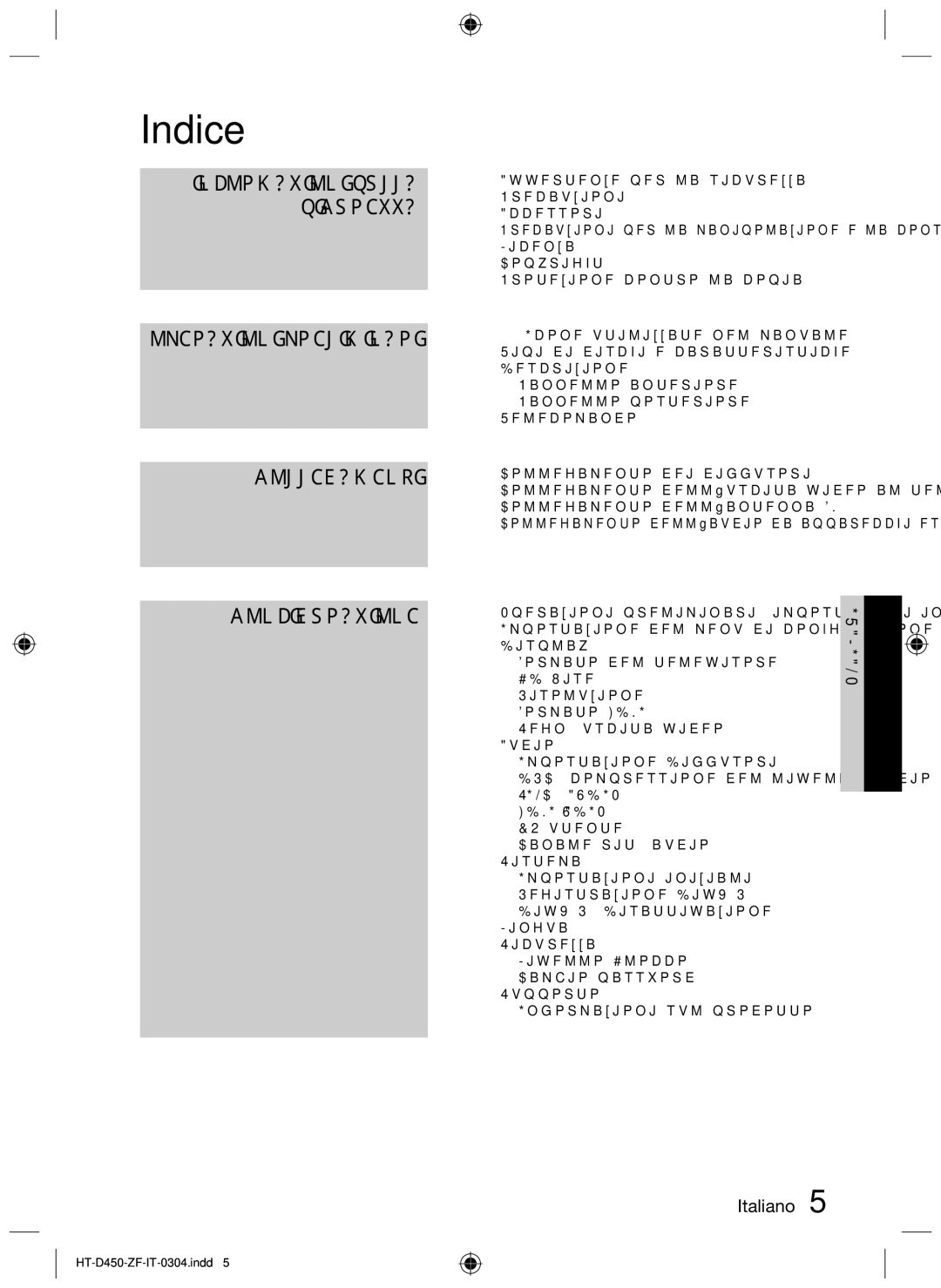 Samsung HT-D453, HT-D450, HT-D455 user manual Indice, Avvertenze per la sicurezza Precauzioni Accessori 