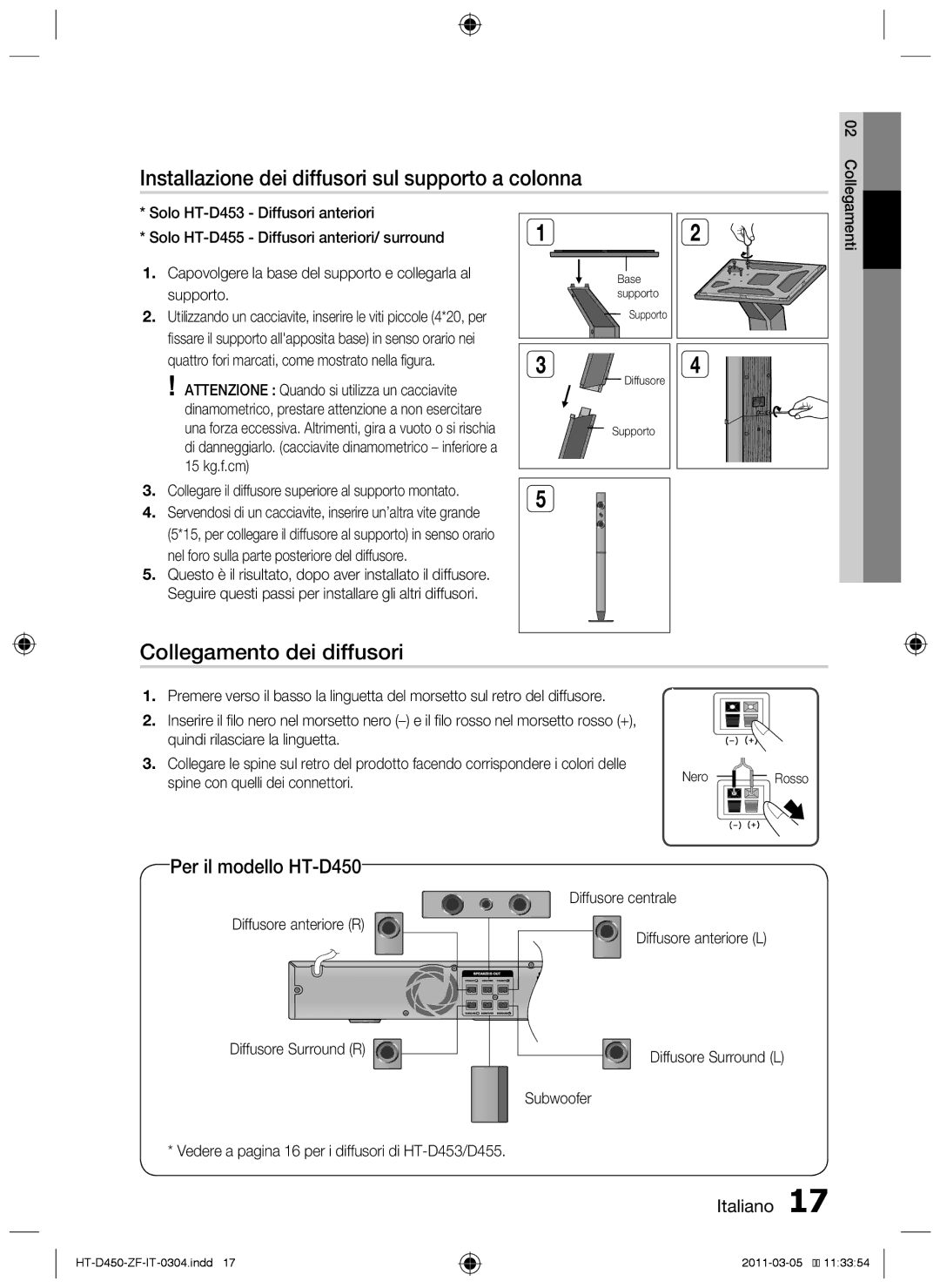 Samsung HT-D453 Installazione dei diffusori sul supporto a colonna, Collegamento dei diffusori, Per il modello HT-D450 