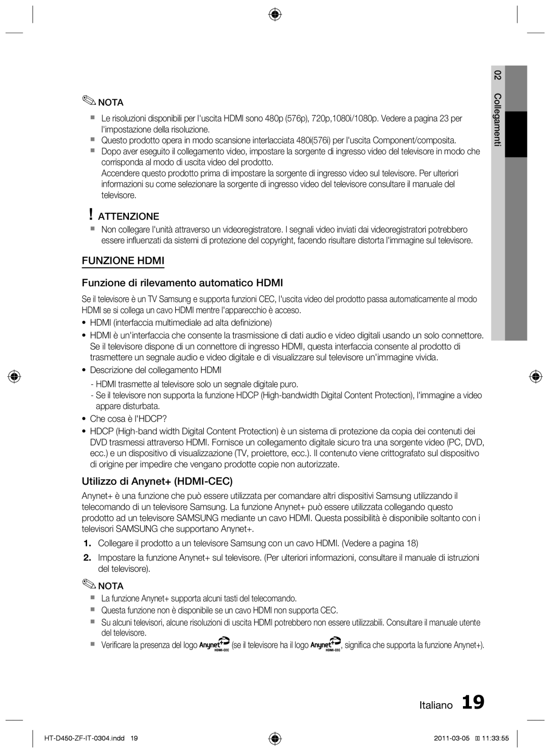 Samsung HT-D455, HT-D450, HT-D453 user manual Funzione di rilevamento automatico Hdmi, Utilizzo di Anynet+ HDMI-CEC 